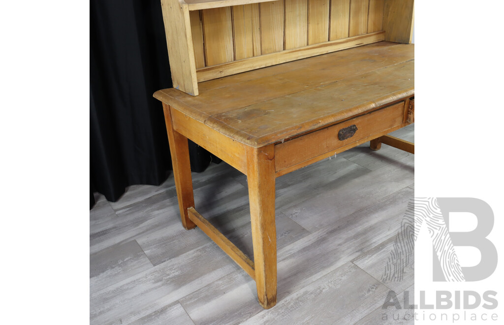 Vintage Pine Kitchen Table with Applied Hutch