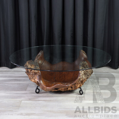 Large Burl Based Glass Top Coffee Table