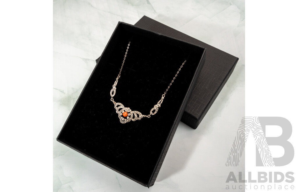 NEW - Sterling Silver Marcasite and Coral Fixed Bar Pendant on Belcher Link Chain, 42cm, 4.52 Grams