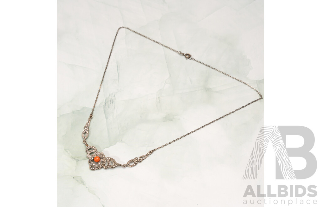 NEW - Sterling Silver Marcasite and Coral Fixed Bar Pendant on Belcher Link Chain, 42cm, 4.52 Grams