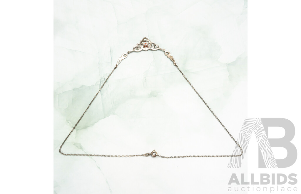 NEW - Sterling Silver Marcasite and Coral Fixed Bar Pendant on Belcher Link Chain, 42cm, 4.52 Grams
