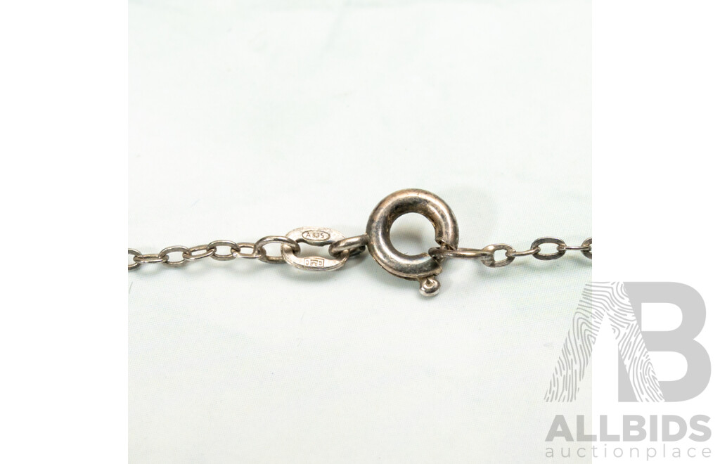 NEW - Sterling Silver Marcasite and Coral Fixed Bar Pendant on Belcher Link Chain, 42cm, 4.52 Grams