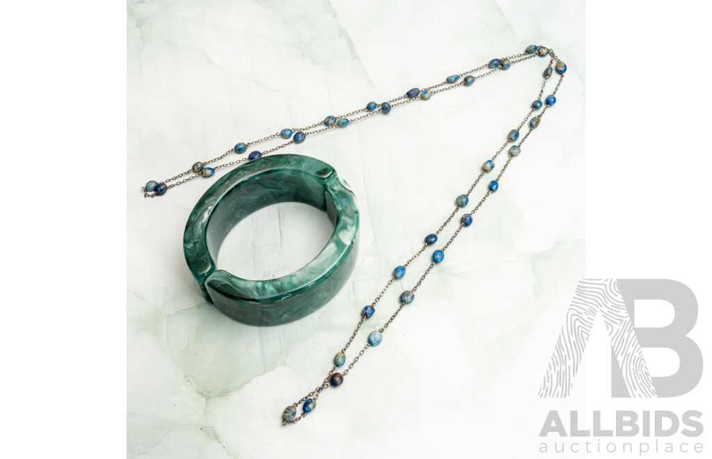 ELK Green Resin Cuff Bangle, 60mm & Lapis Lazuli Silver Necklace 100cm, Both as New