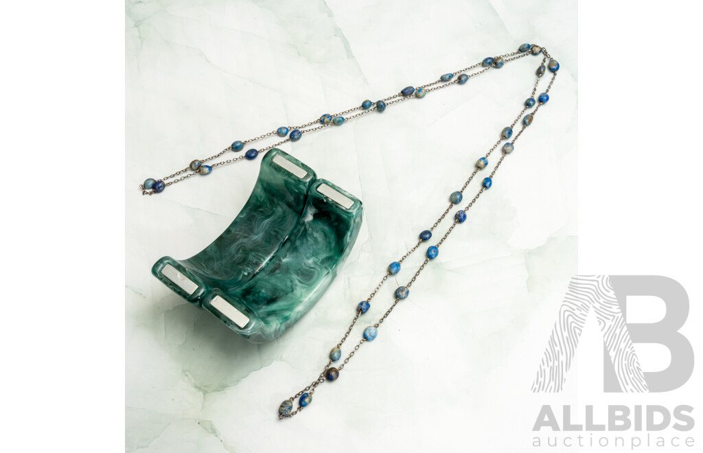 ELK Green Resin Cuff Bangle, 60mm & Lapis Lazuli Silver Necklace 100cm, Both as New