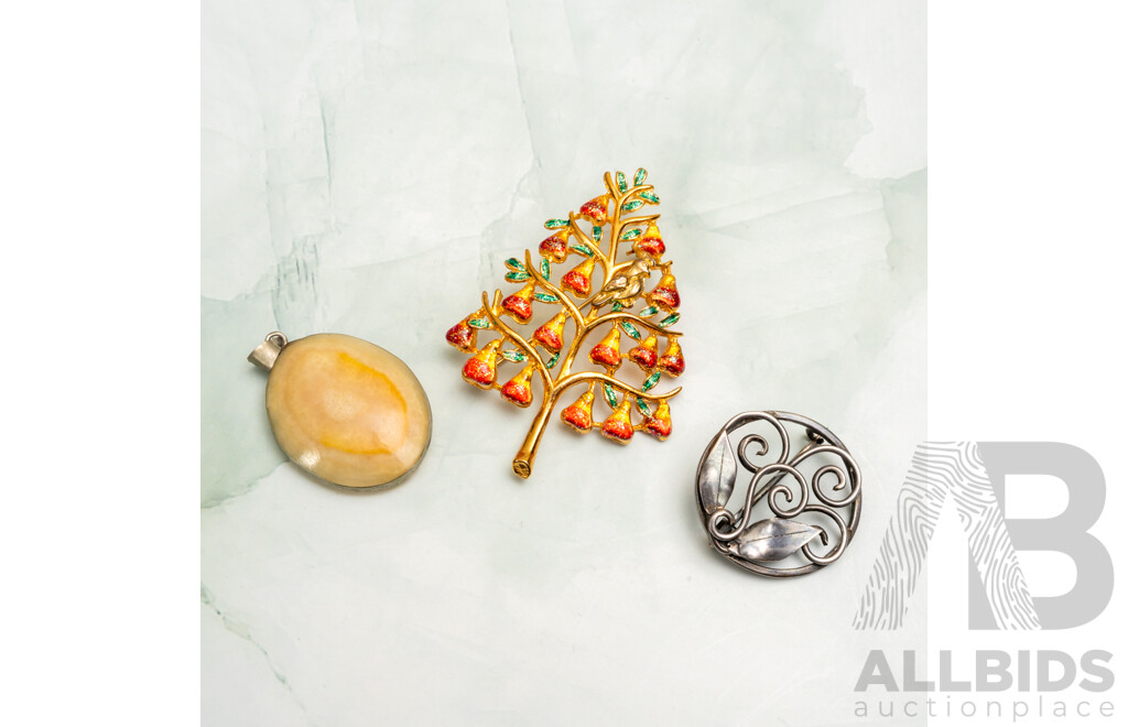 Vintage Danish Style Sterling Silver Brooch, Vintage Silver Agate Pendant & Vintage Enamel Gold Tone Partridge in a Pear Tree Brooch