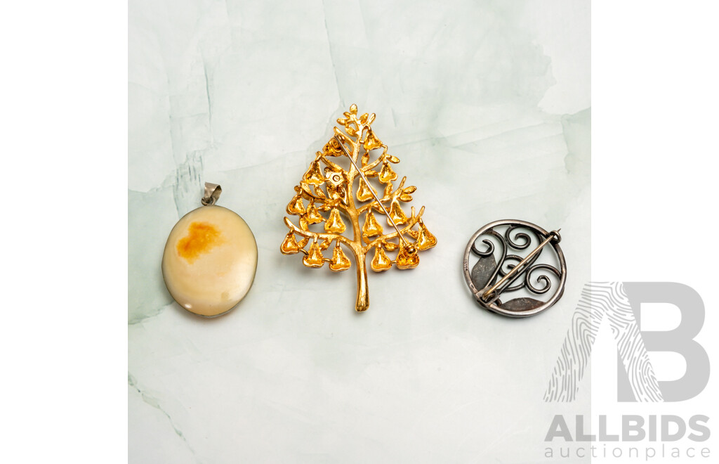 Vintage Danish Style Sterling Silver Brooch, Vintage Silver Agate Pendant & Vintage Enamel Gold Tone Partridge in a Pear Tree Brooch