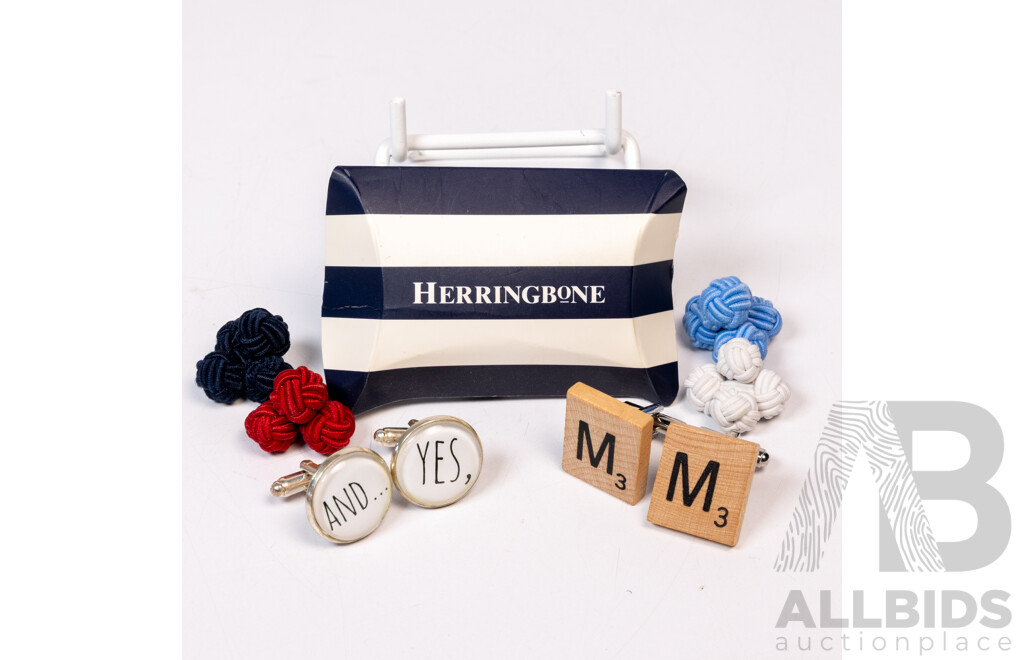 Cuff Links (6) Pairs as New - Red, White, Blue & Navy Knots, Scrabble & 'Yes' Designs
