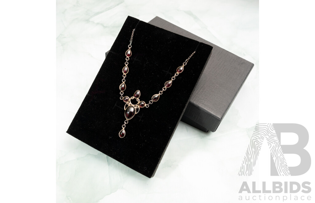 Ornate Sterling Silver Garnet Cabochon Necklet 40cm with Drop, 6.12 Grams - NEW