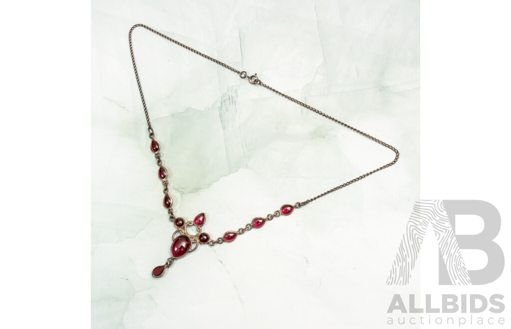 Ornate Sterling Silver Garnet Cabochon Necklet 40cm with Drop, 6.12 Grams - NEW