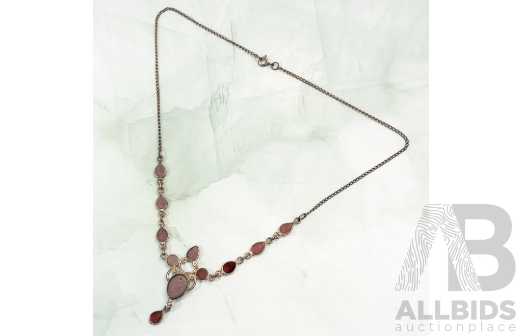 Ornate Sterling Silver Garnet Cabochon Necklet 40cm with Drop, 6.12 Grams - NEW