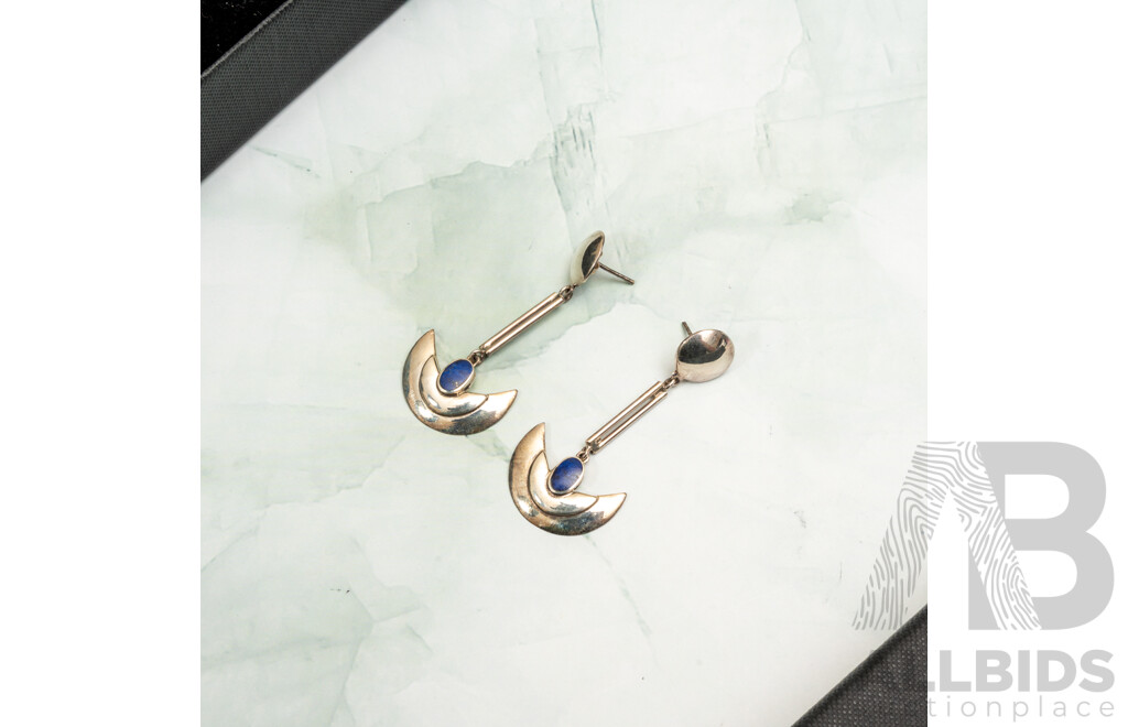 NEW - Sterling Silver Lapis Lazuli Long Drop Pendulum Stud Earrings, 53mm, 7.61 Grams
