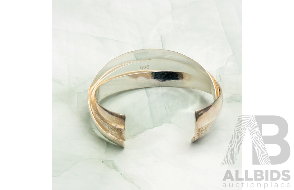 NEW - Sterling Silver Textured Russian Style Open Cuff Bangle, 60mm Diameter, 44.55 Grams