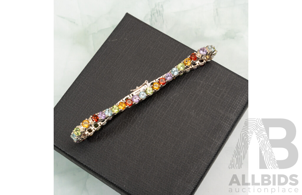 NEW - Sterling Silver Coloured Gemstone Tennis Bracelet, 19cm, 14.29 Grams
