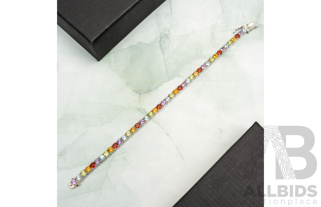 NEW - Sterling Silver Coloured Gemstone Tennis Bracelet, 19cm, 14.29 Grams