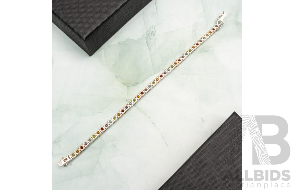 NEW - Sterling Silver Coloured Gemstone Tennis Bracelet, 19cm, 14.29 Grams