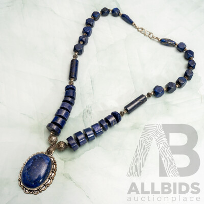 Sterling Silver Ornate Lapis Lazuli Beaded Necklace, 50cm - as New