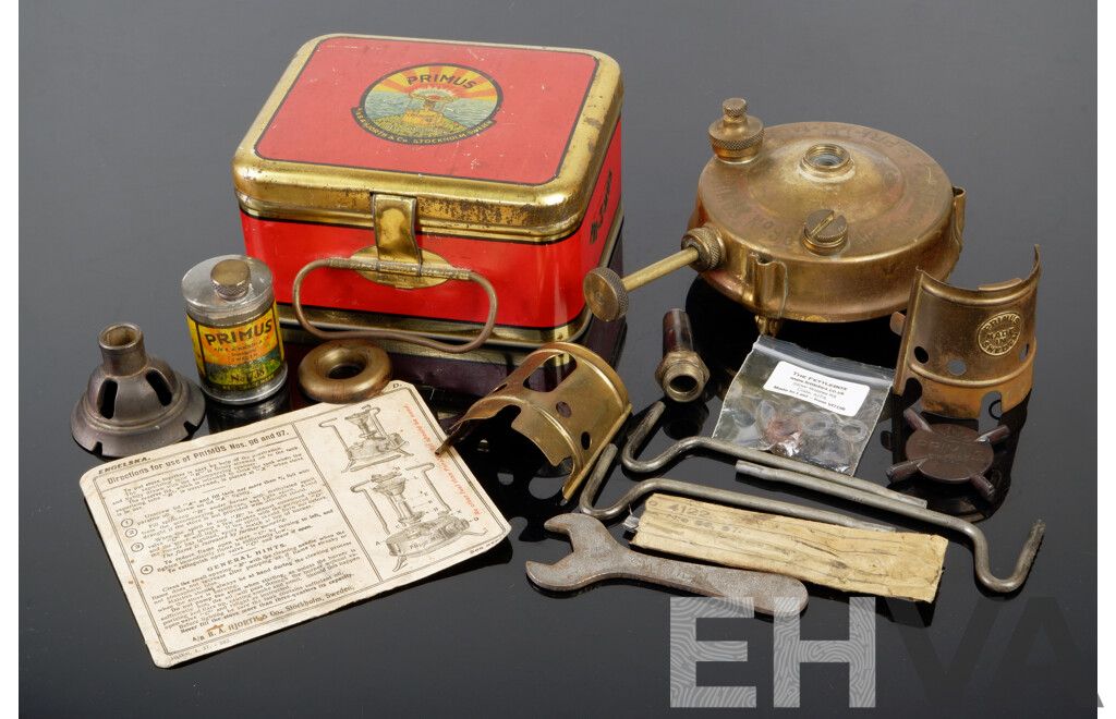 Vintage Swedish Brass Primus Stove Number 96 in Original Tin  with Instructions, Circa 1927