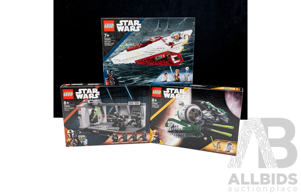 Three Retired Lego Sets, Star Wars, Dark Trooper Attack 75324, Obi Wan Kenobi Jedi Starfighter 75333 & Yodas Jedi Starfighter 75360, Sealed in Box