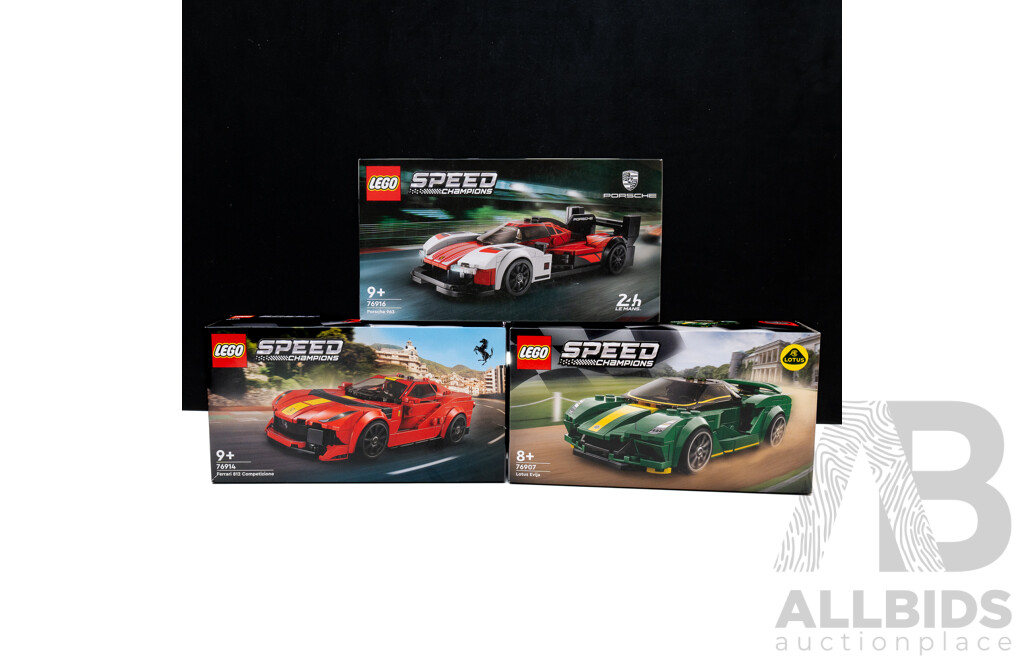 Three Retried Lego Sets, Speed Champions, Ferrari 812 Competizione 76914, Lotus Evija 76907 & Porsche 963 76916,  Sealed in Boxes