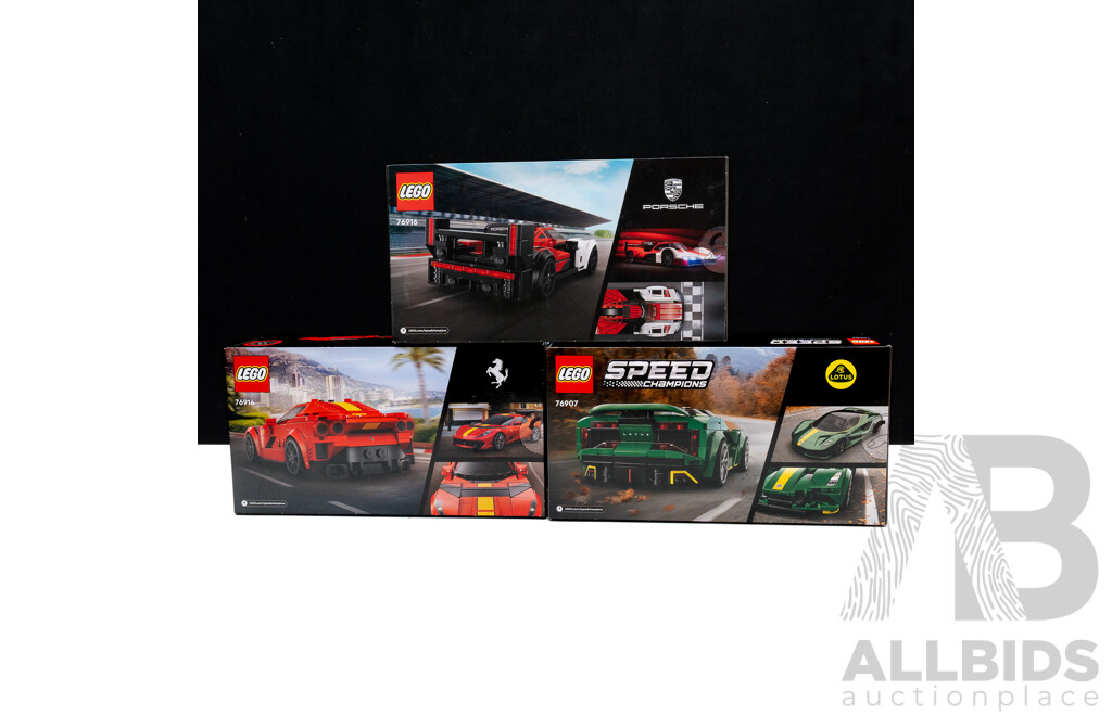 Three Retried Lego Sets, Speed Champions, Ferrari 812 Competizione 76914, Lotus Evija 76907 & Porsche 963 76916,  Sealed in Boxes