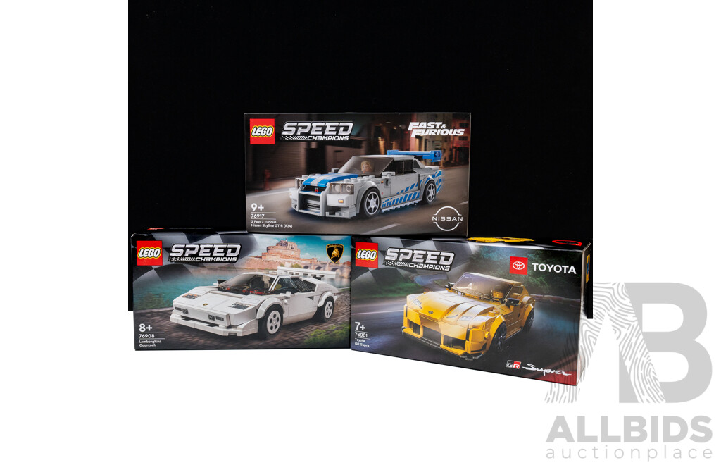 Three Retired Lego Sets, Speed Champions, 2 Fast 2 Furious Nissan Skyline GT R R34, 76917, Toyota GR Supra, 76901 & Lamborghini Countach, 76908, Sealed in Boxes