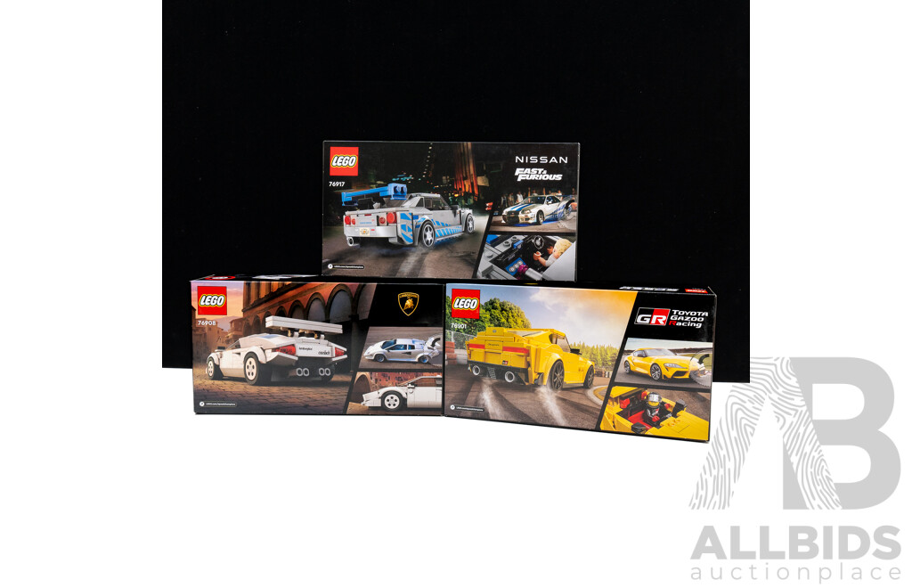 Three Retired Lego Sets, Speed Champions, 2 Fast 2 Furious Nissan Skyline GT R R34, 76917, Toyota GR Supra, 76901 & Lamborghini Countach, 76908, Sealed in Boxes