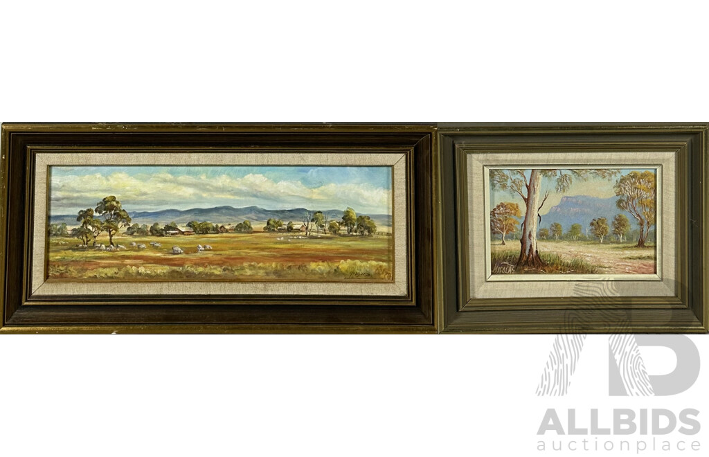 P. Lewis and Nicolas, (20th Century, Australian), Blue Mountains and Sheep Property, S.A, Oil on Canvas and Board, 25 x 53 cm (largest frame) (2)