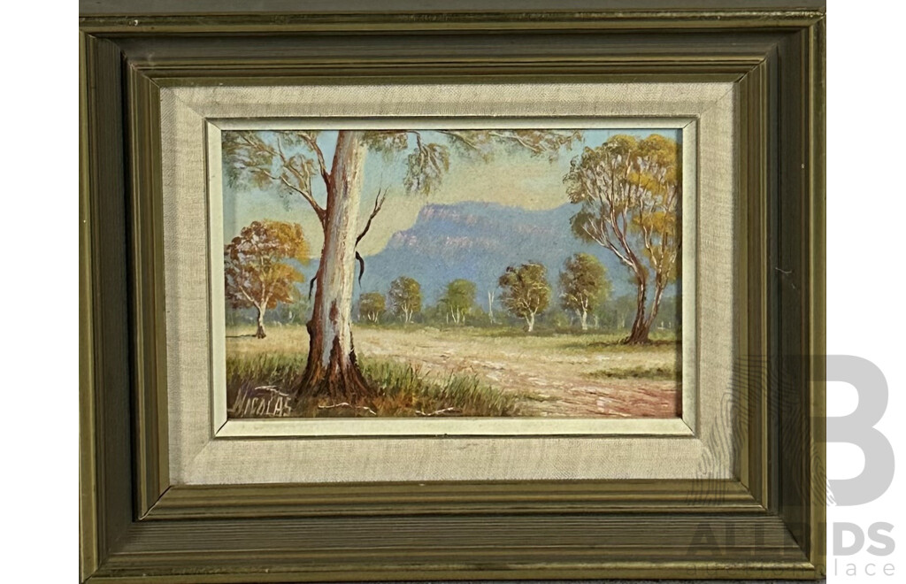 P. Lewis and Nicolas, (20th Century, Australian), Blue Mountains and Sheep Property, S.A, Oil on Canvas and Board, 25 x 53 cm (largest frame) (2)