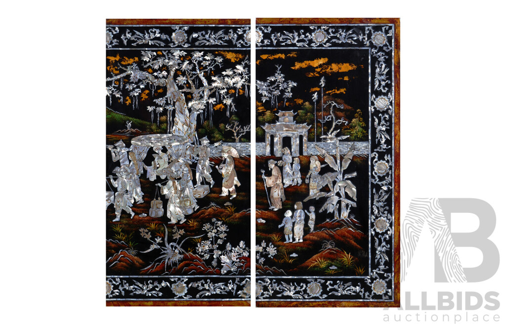 Artist Unknown, (Vietnamese School), Ceremonial Procession, Vintage Mother of Pearl Inlaid on Embellished Lacquer Wall Panels, 80 x 40 cm (2)