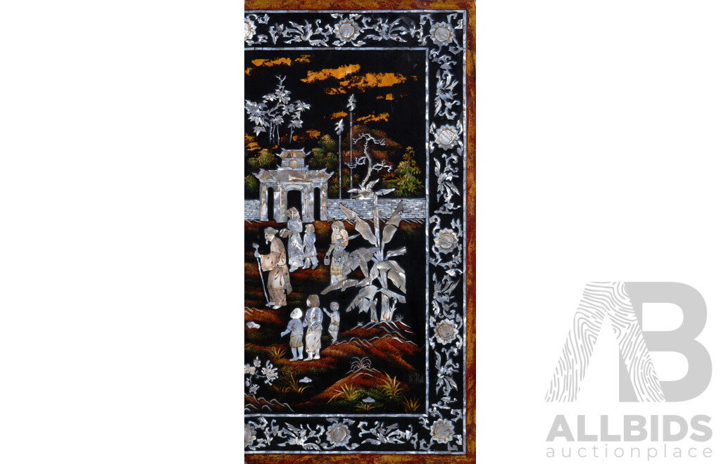 Artist Unknown, (Vietnamese School), Ceremonial Procession, Vintage Mother of Pearl Inlaid on Embellished Lacquer Wall Panels, 80 x 40 cm (2)