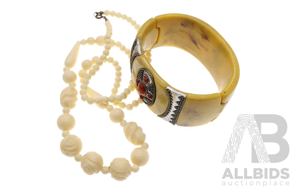 Vintage Hinged Cuff Bangle with Coral and Silver Inlay & Vintage Beaded Necklace with Rose, 70cm