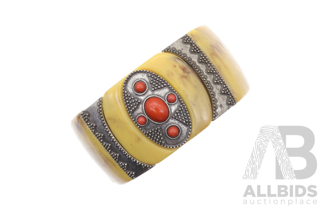 Vintage Hinged Cuff Bangle with Coral and Silver Inlay & Vintage Beaded Necklace with Rose, 70cm