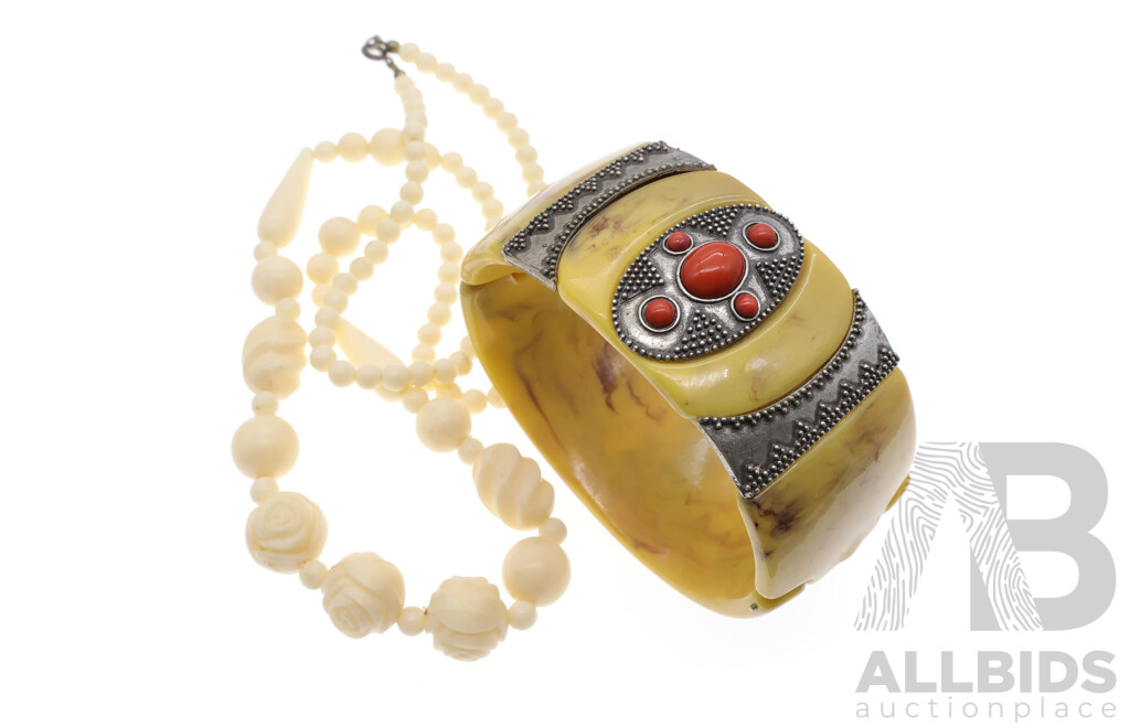 Vintage Hinged Cuff Bangle with Coral and Silver Inlay & Vintage Beaded Necklace with Rose, 70cm