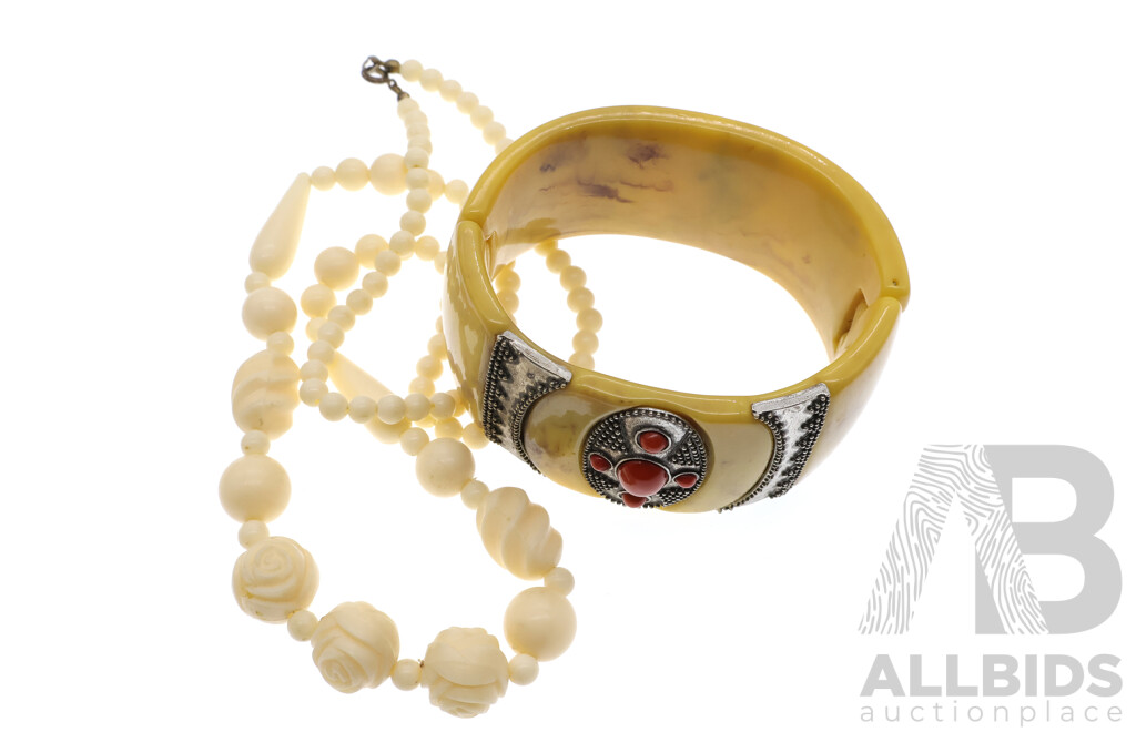 Vintage Hinged Cuff Bangle with Coral and Silver Inlay & Vintage Beaded Necklace with Rose, 70cm
