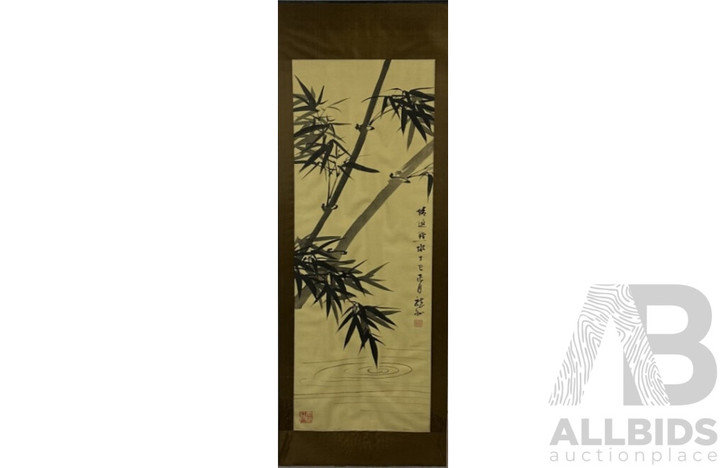 Artist Unknown, (Asian School, 20th Century), Bamboo by Water, Vintage Ink Brush Painting on Cloth Panel, 115 x 39 cm (frame)