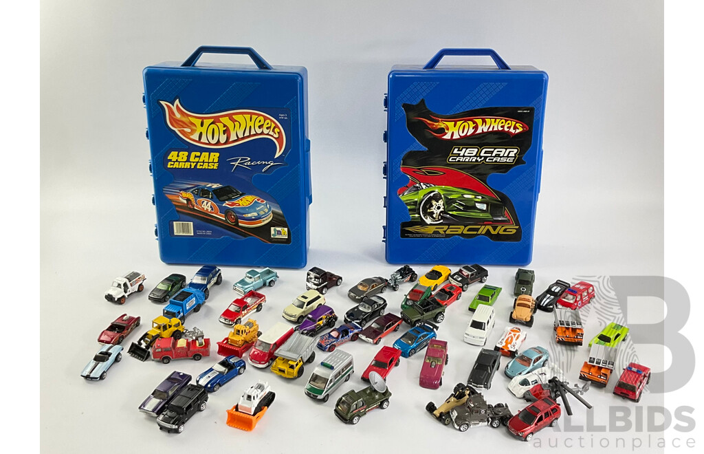 Collection of Diecast Matchbox, Siku, Hot Wheels and Majorette Vehicles with Two Hot Wheels 48 Car Carry Cases