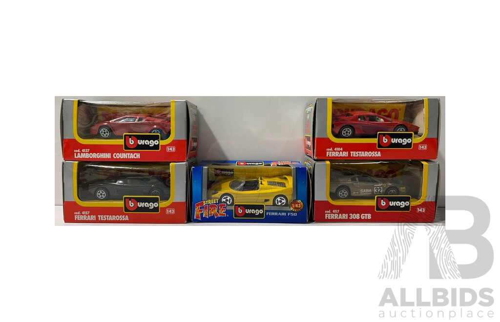 Five Boxed Burago Diecast Vehicles Including Ferrari 308 GTB, Testarossa and F50, Lamborghini Countach, 1:43 Scale