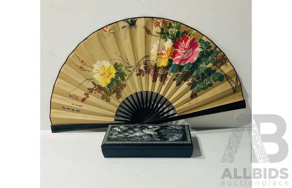 Asian Lacquer Lidded Box with Mother of Pearl Inlay and Fan