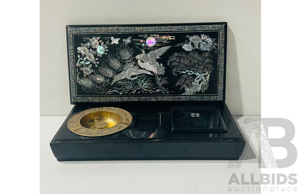 Asian Lacquer Lidded Box with Mother of Pearl Inlay and Fan