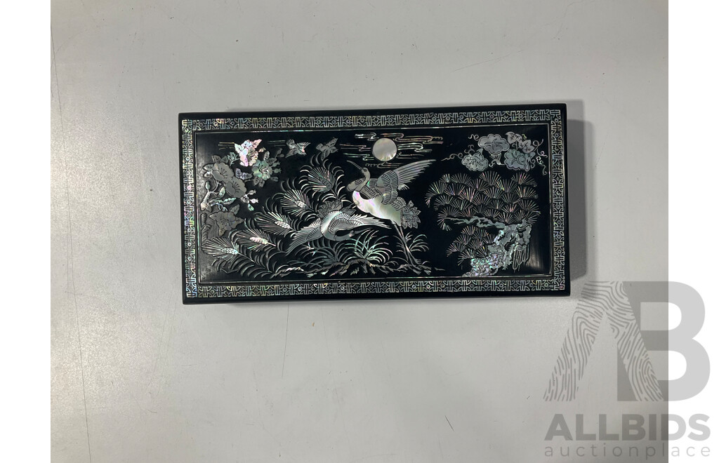Asian Lacquer Lidded Box with Mother of Pearl Inlay and Fan