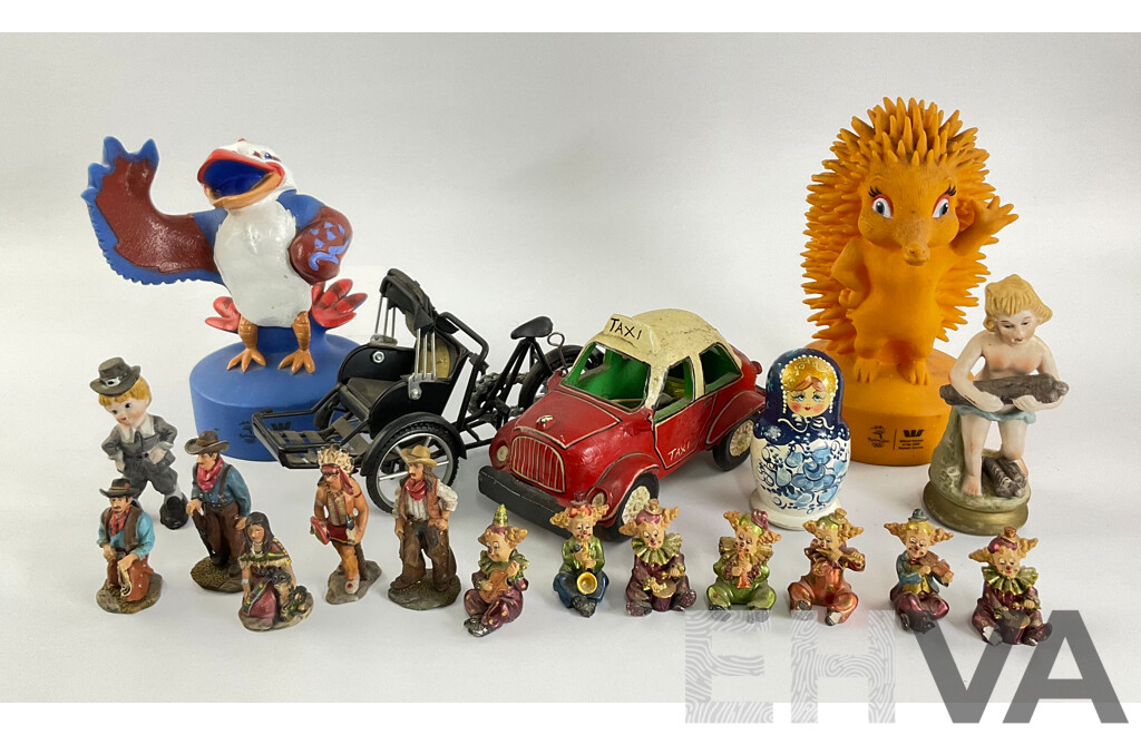 Collection of Display Figures Including Musical Clowns, Native Americans, Russian Babushka, Ceramic Taxi, Sydney 2000 Olympics Mascots