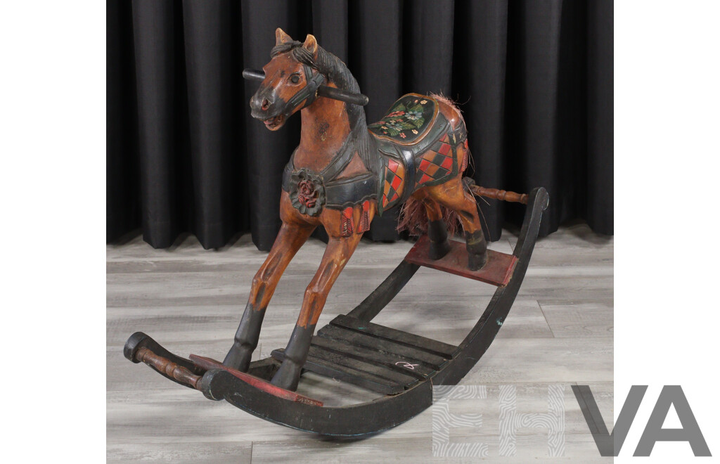 Carved Timber Folk Art Painted Rocking Horse