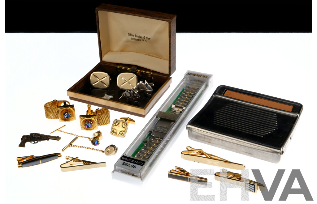 Collection of Vintage Cuff Links, Tie Bars/pins, Tobacco Roller Case & Guess Watch Band