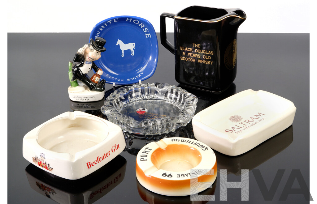 Collection of Vintage Ashtrays and Jug Including Wade Beefeater Gin, White Horse, Elisher Australia Saltram Fine Wines, Mc Williams Port, Tetley's