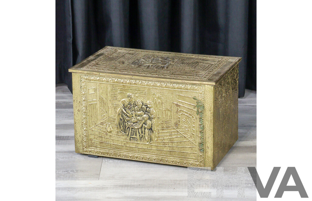 Vintage Ornate Brass Coal Box with Embossed Family Gathering Motif