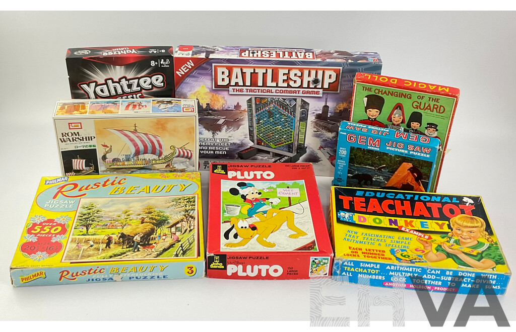 Collection of Vintage Board Games, Jigsaws and Model Including John Sands Pluto, Holdson Educational Teachatot, Yahtzee, Battleship, Roman Warship