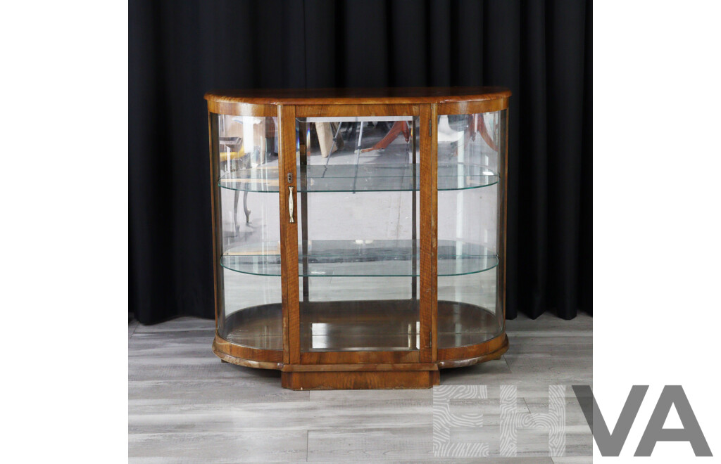 Vintage Bow Front Display Cabinet with Mirror Back and Beveled Glass