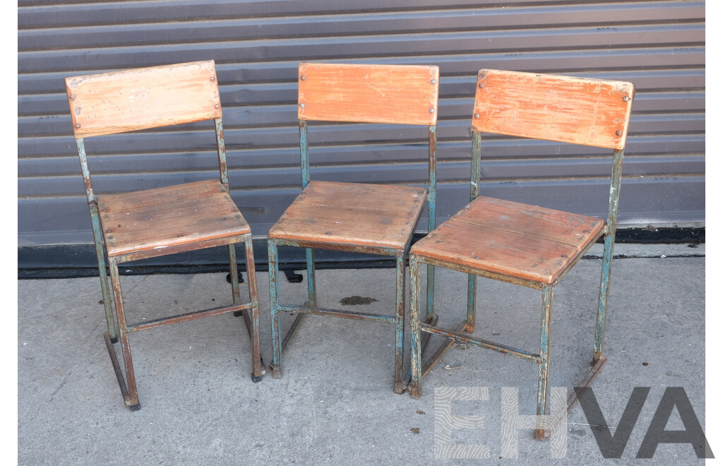 Three Vintage Indian School Steel Frame Chairs