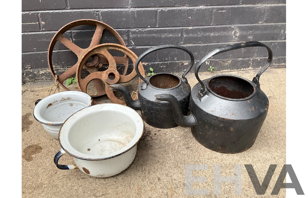 Two Antique Cast Iron Kettles, Two Cast Iron Pulley Wheels and Enameled Bowls