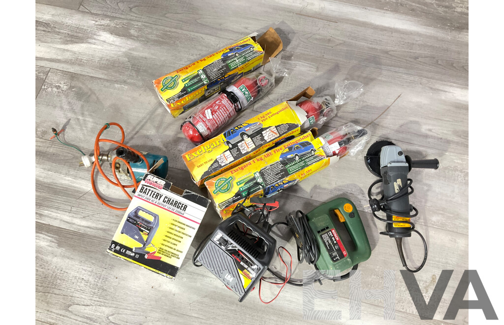 Collection of Power Tools Including Bosch Jigsaw PST 50E, Black and Decker Power Drill, Angle Grinder, Superworks Battery Charger and Three Boxed Wall Mount Fire Extinguishers